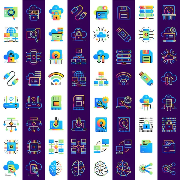 Gradiente plano, iconos de esquema conjunto de computación en la nube, internet te — Archivo Imágenes Vectoriales