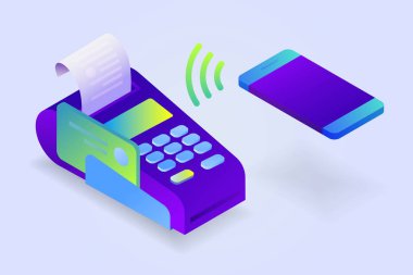 Ödeme doğruladı cep telefonuyla satış yazdırılan makbuz. POS terminal, elektronik fatura ödeme. Düz tasarım izometrik Nfc ödeme kavram. Vektör çizim