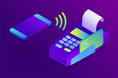 Ödeme doğruladı cep telefonuyla satış yazdırılan makbuz. POS terminal, elektronik fatura ödeme. Düz tasarım izometrik Nfc ödeme kavram. Vektör çizim