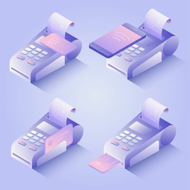 POS terminal ödeme yöntemleri, online ödeme. Ödeme kredi kartı, cep telefonu ile onaylar. Düz tasarım izometrik Nfc ödeme kavram. Vektör çizim