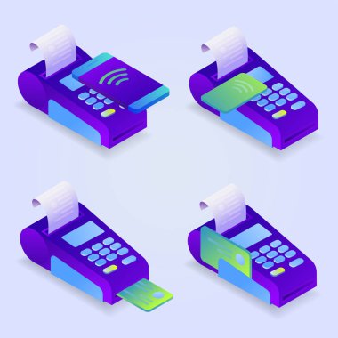 POS terminal ödeme yöntemleri, online ödeme. Ödeme kredi kartı, cep telefonu ile onaylar. Düz tasarım izometrik Nfc ödeme kavram. Vektör çizim
