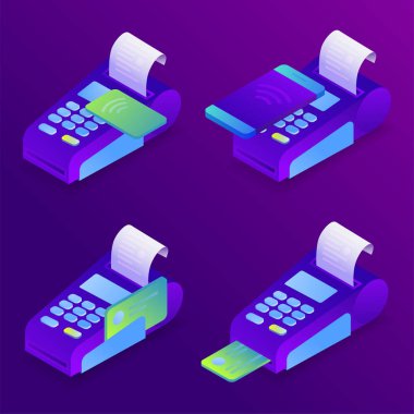 POS terminal ödeme yöntemleri, online ödeme. Ödeme kredi kartı, cep telefonu ile onaylar. Düz tasarım izometrik Nfc ödeme kavram. Vektör çizim