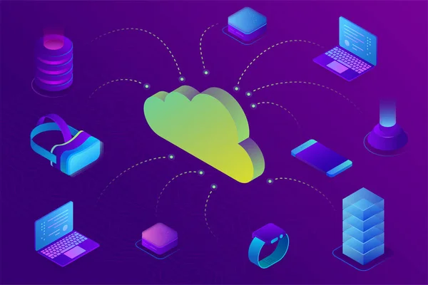 Concepto Tecnología Dispositivos Computación Nube Almacenamiento Datos Nube Conectado Dispositivos — Archivo Imágenes Vectoriales