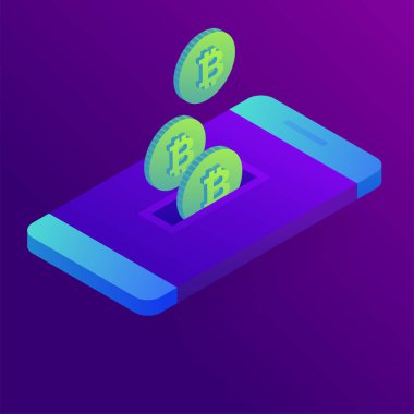 Bitcoins cep telefonu ekran konsepti, yuvasına dönmüş. Kripto incelemesi. ultraviyole arka plan üzerinde 3D izometrik vektör çizim