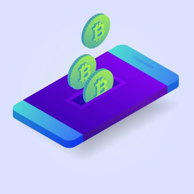 Bitcoins cep telefonu ekran konsepti, yuvasına dönmüş. Kripto incelemesi. 3D izometrik vektör çizim