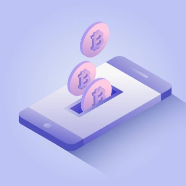 Bitcoins cep telefonu ekran konsepti, yuvasına dönmüş. Kripto incelemesi. 3D izometrik vektör çizim