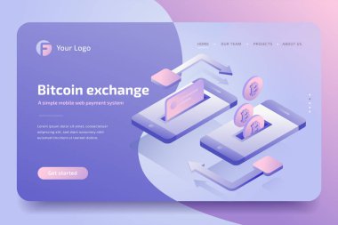 Mobil ödeme transferi bitcoin, kart, Web sitesi şablonu para kavramı. Cryptocurrency ve blockchain teknoloji. 3D izometrik bitcoin işlemi, e-ticaret. Vektör çizim.