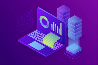 Kavram iş analizi, veri mali grafikler veya diyagramlar stratejisi. Mali inceleme, çözümleme verisi ve yatırım. 3D izometrik çizimde.