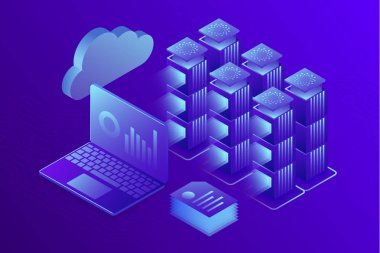 Kavram iş analizi, veri merkezi veya sunucu Oda arka plan hosting. Bilgisayar depolama iş istasyonu. 3D izometrik çizimde.