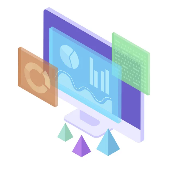 Laptop and infographics data analytics. Data financial graphs or diagrams. 3d isometric illustration.
