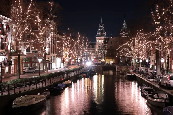 Amsterdam Nizozemsko Ledna 2019 Světelné Stromy Budovy Odráží Vodě Teplotě — Stock fotografie