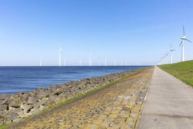 Noordoostpolder, Hollanda'da deniz kıyısındayel değirmenlerinin manzara görünümü