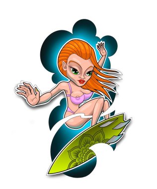 Dalgalar boyunca sörf tahtasında sörf yapan kızıl saçlı ve yeşil gözlü güzel bir kızın tasviri, bir ipad pro 'da yeni bir okulun tarzında çizilmiş.