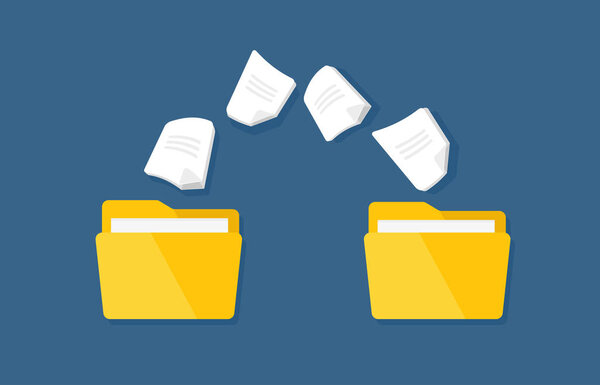 Передача документации, векторные плоские папки с бумажными файлами
.