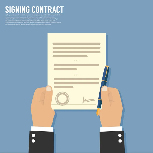 Kontraktskrivning Hand Håller Ett Dokument Platt Stil Vektor — Stock vektor
