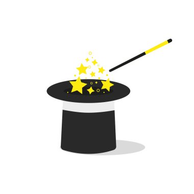 Çizgi film sihirli değnek yıldız ile kıvılcım, kara büyü şapka. vektör çizim apartman dairesinde