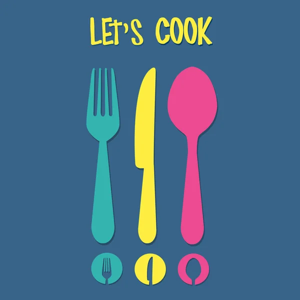 Knife Fork Spoon Let Cook Labels Logo Elements — Stock Vector