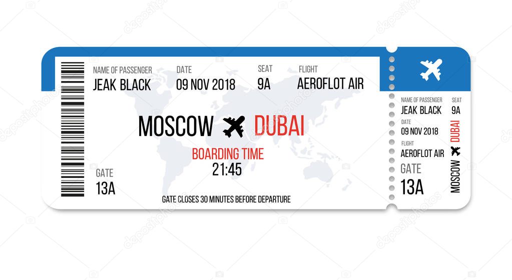 Realistic airline ticket design with passenger name. Vector illustration