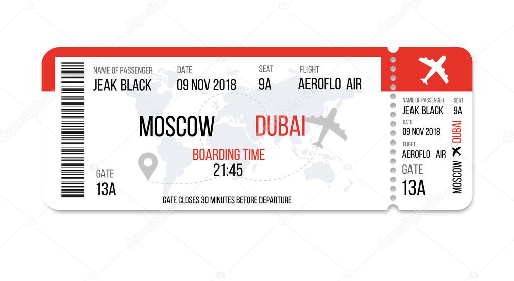 Realistic airline ticket design with passenger name. Vector illustration