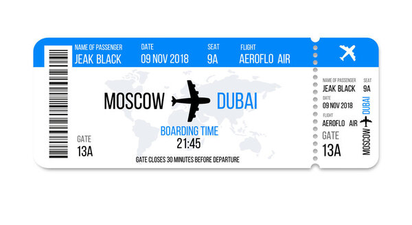 Realistic airline ticket design with passenger name. Vector illustration