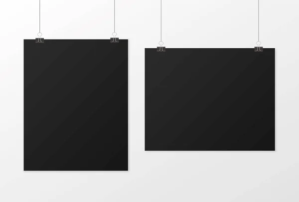 Black Poster Hanging Mock Empty Paper Blank Vertical Horizontal Template — Stock Vector