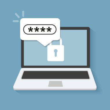 Laptop ekranında parola form sayfası ile. Kullanıcı hesabınıza oturum açın. Düz tasarımı, vektör