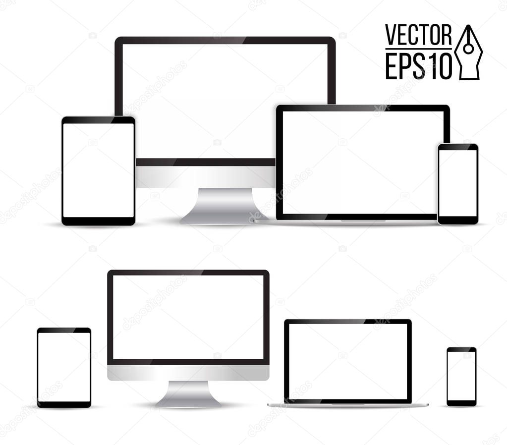 Electronic realistic set of monitor, laptop, tablet, smartphone - Stock Vector illustration