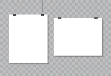 Beyaz poster asılı. Boş kağıt boş alay. Dikey ve yatay şablon. Vektör çizim
