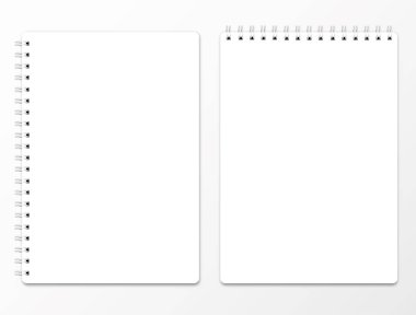 Gerçekçi spiral defter mockup. Açık defter ön sayfa gölge ile. Vektör yastık cilt şablonu ile kapalı