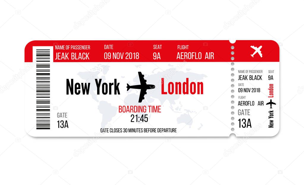 Realistic airline ticket design with passenger name. Vector illustration