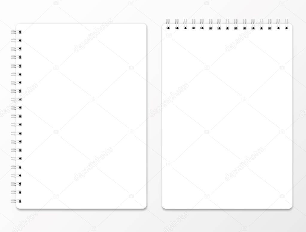 Realistic spiral notebook mockup. Clear notebook front page with shadow. Vector closed pad with binder template