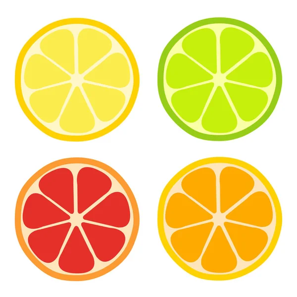 Lemone Lime Orange Platta Ikon Citrus Set Vektor — Stock vektor