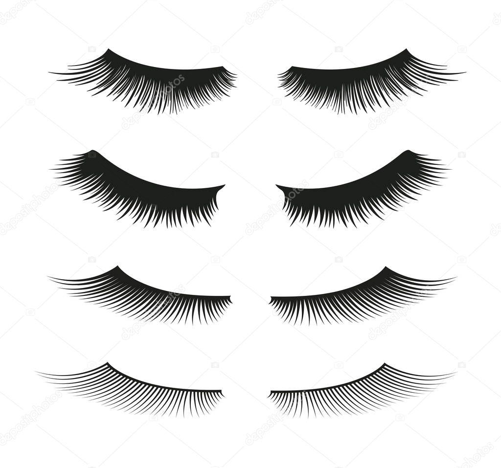 Eyelash extension mega set 4 in 1. Long eyelashes. False beauty cilia. Glamor makeup. Vector illustration