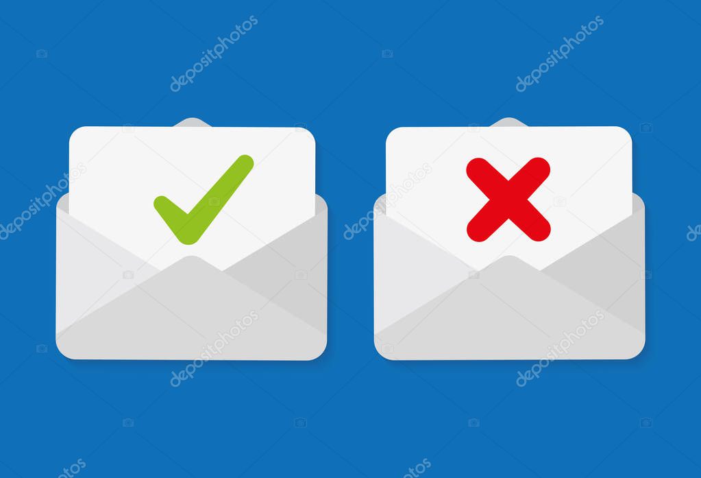 Check mark in mail envelope. Confirm and rejection email.