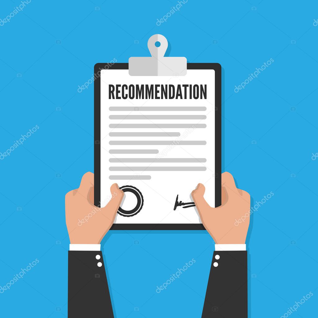 Recommendation clipboard with checklist. Flat design, vector