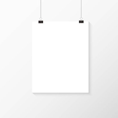 Beyaz poster asılı. Boş kağıt boş alay. Dikey şablonu. Vektör çizim