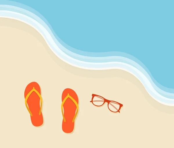 Strand mit Meer, Flip-Flops, Sonnenbrille. flacher Designstil. — Stockvektor