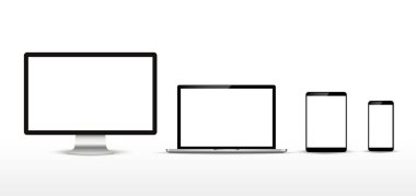 Monitör, dizüstü bilgisayar, tablet, smartphone gerçekçi kümesi. Vektör