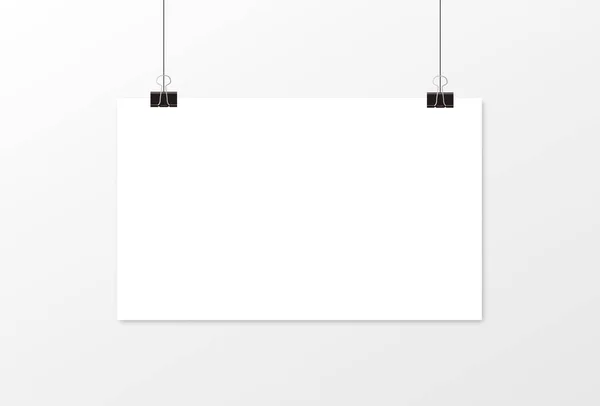 Affiche blanche accrochée. Maquette du papier vide à blanc. Illustration vectorielle — Image vectorielle