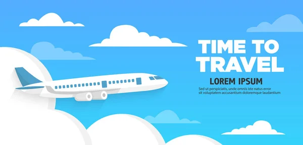 飞机在天空中飞行，在蓝色背景上飞云。概念旅行时间。平面样式中的矢量. — 图库矢量图片