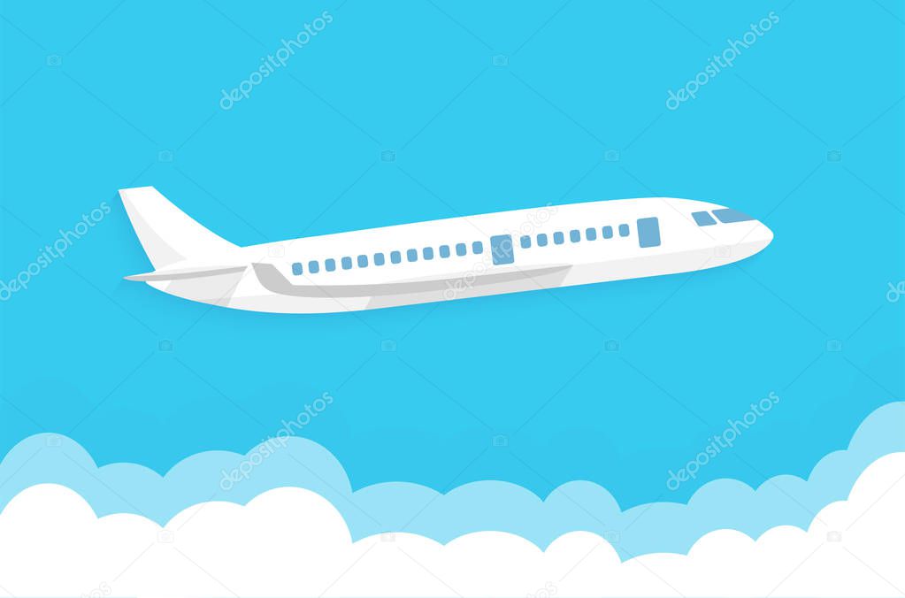 Airplane flies in the sky and cloud on blue background. Concept time to travel. Vector in flat style.