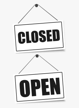 İçeri gelin, açık ya da kapalı tabela üzerinde şeffaf bir halatla. Vektör