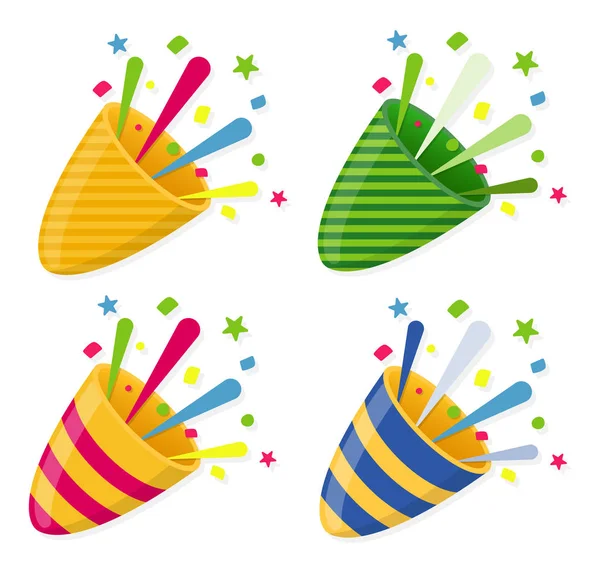 Vier feest Poppers met confetti, voor feestelijke felicitaties en avond feestjes. Vector — Stockvector