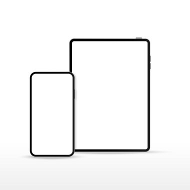 Tablet bilgisayar ve telefon beyaz arka planda. Pad. Aygıt ayarı maketi