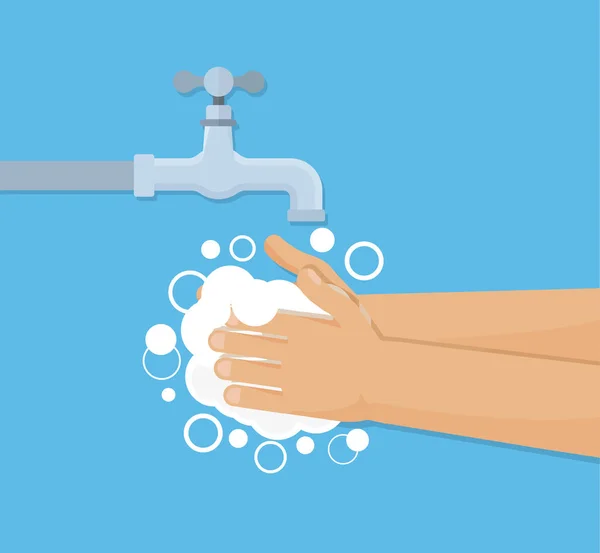 Hands under falling water out of tap. Man washes hands. Flat style — Stock Vector