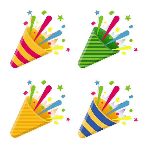 Celebre los poppers de fiesta con confeti, para felicitaciones festivas y fiestas nocturnas. Vector — Vector de stock