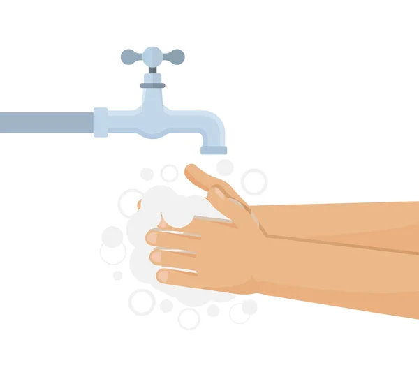 Hands under falling water out of tap. Man washes hands. Flat style — Stock Vector