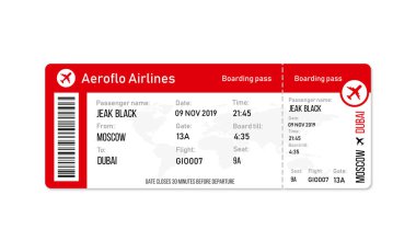 Yolcu adı ile gerçekçi havayolu bilet tasarım. Vektör çizim