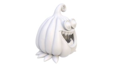 Üç boyutlu cadılar bayramı resmi. Siyah gözlü, büyük beyaz arka planlı beyaz bir hayalet.