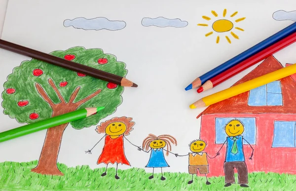 Illustration of a happy family with an apple tree and a house. Sunny summer day.